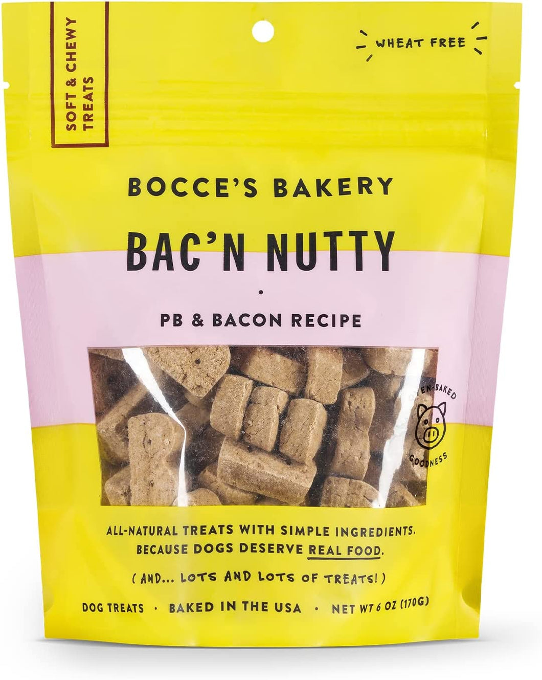 Bocce's Bakery Oven Baked Bac'N Nutty Treats for Dogs PB & Bacon Recipe 6 oz